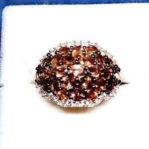 Andalucite & White Zircon dome cocktail ring in Rhodium over 925SS 6.15 cts sz 8